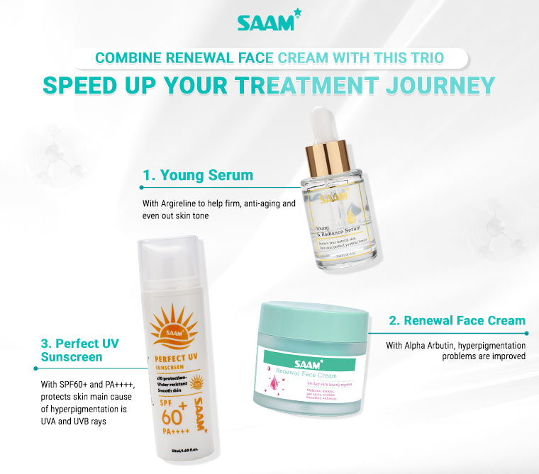 SAAM Renewal Face Cream is SAAM exclusive product, specialized in treating melasma, freckles, age spots, and dark spots.
