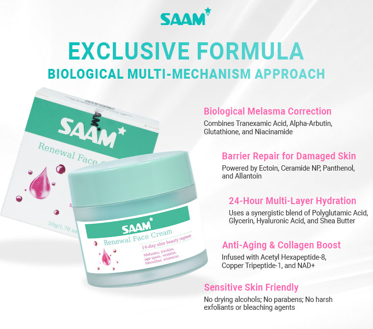SAAM Renewal Face Cream is SAAM exclusive product, specialized in treating melasma, freckles, age spots, and dark spots.