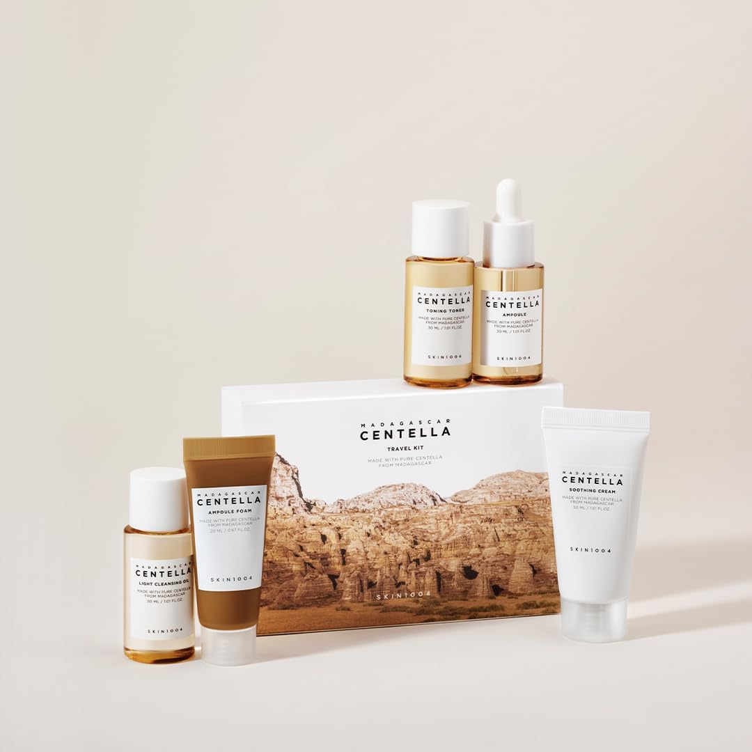 SKIN1004 Madagascar Centella Travel Kit, Toner, Ampoule, Soothing Cream, Cleansing Oil, Ampoule Foam, Basic Skincare Box, Compact Size, Soothing Calming