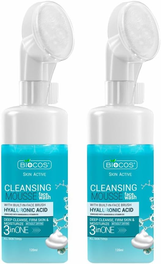 BIOCOS Hyaluronic Acid Face Wash Mousse - Hydrating Cleanser with Aloe Vera, Vitamin E & Pro-Vitamin B5, Deep Pore Cleansing, Anti-Breakout, Non-Drying, For All Skin Types - 5.54 fl oz (Pack of 2)