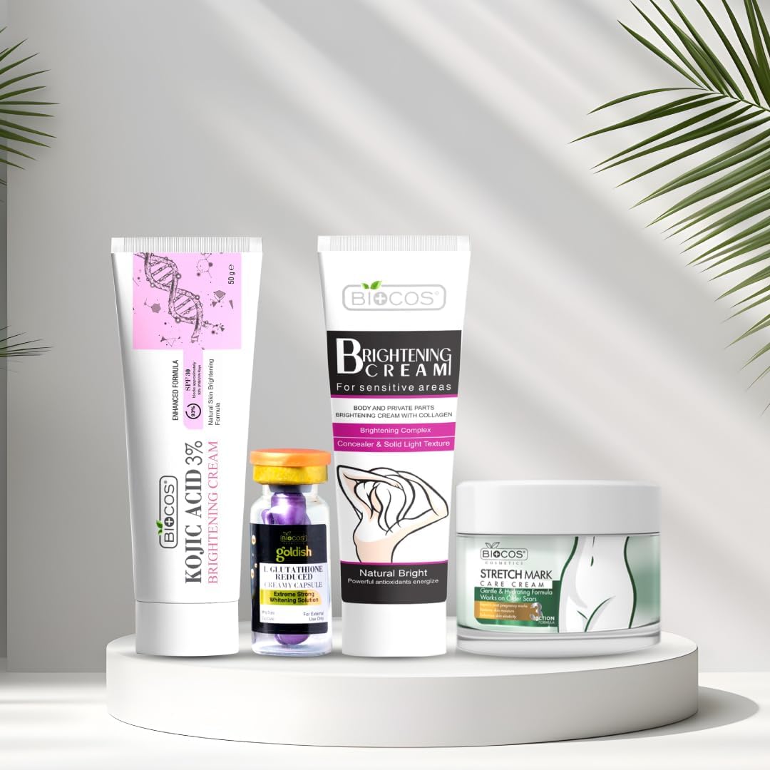 BIOCOS Mother Care Bundle – Skin Brightening, Stretch Mark Prevention, & Anti-Aging Solutions – Includes Brightening Cream for Sensitive Areas, Kojic Acid, Goldish Serum, and Stretch Mark