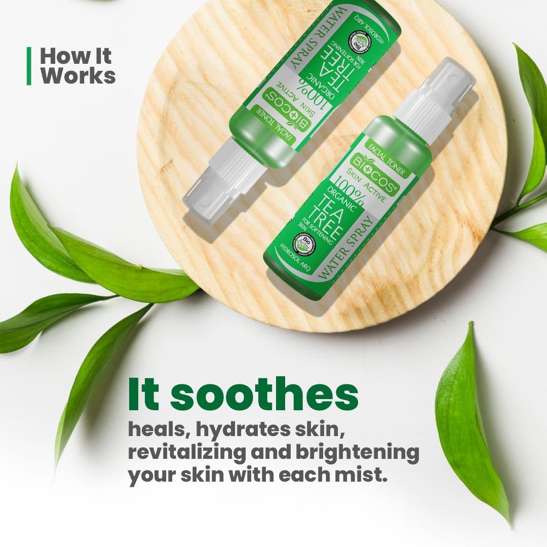 BIOCOS Tea Tree Water Facial Mist – Hydrating & Anti-Inflammatory Spray for Acne, Redness & Blemish Relief – With Grapefruit & Juniper berry – 120ml, (Pack of 3) (Pack of 3, Tea Tree)