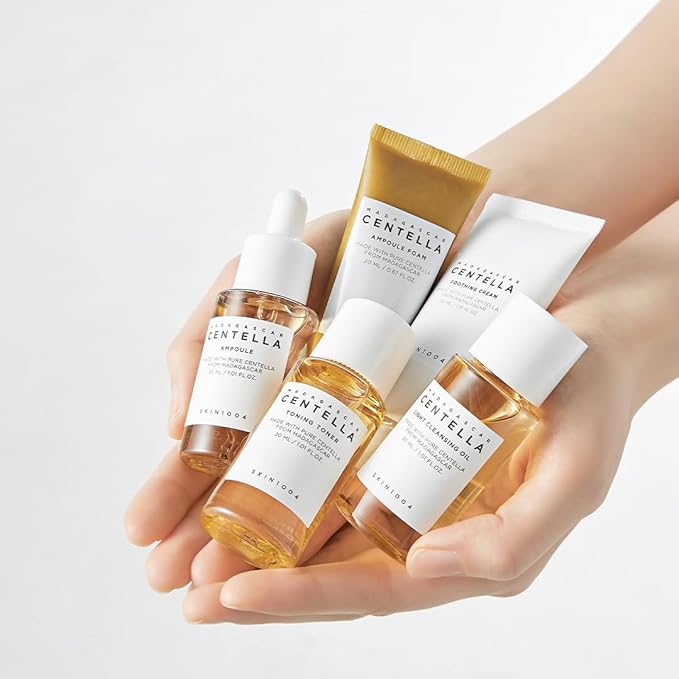 SKIN1004 Madagascar Centella Travel Kit, Toner, Ampoule, Soothing Cream, Cleansing Oil, Ampoule Foam, Basic Skincare Box, Compact Size, Soothing Calming