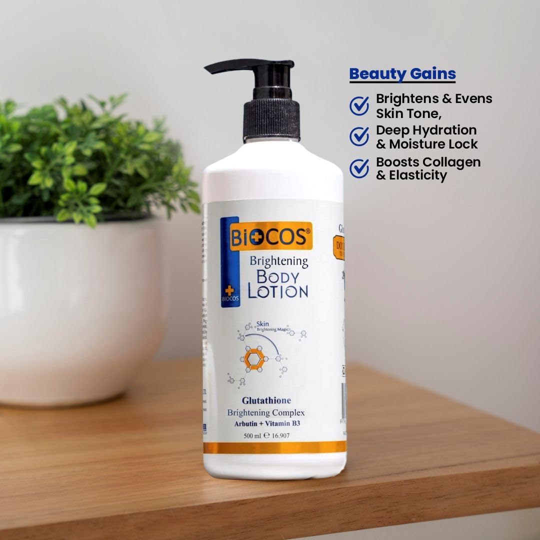 BIOCOS Body Lotion – Hydrates & Moisturizes, Boosts Collagen, Repairs Dry Skin, with Niacinamide, Arbutin & Glutathione for Radiant Skin Tone – 500ml (Pack of 2)