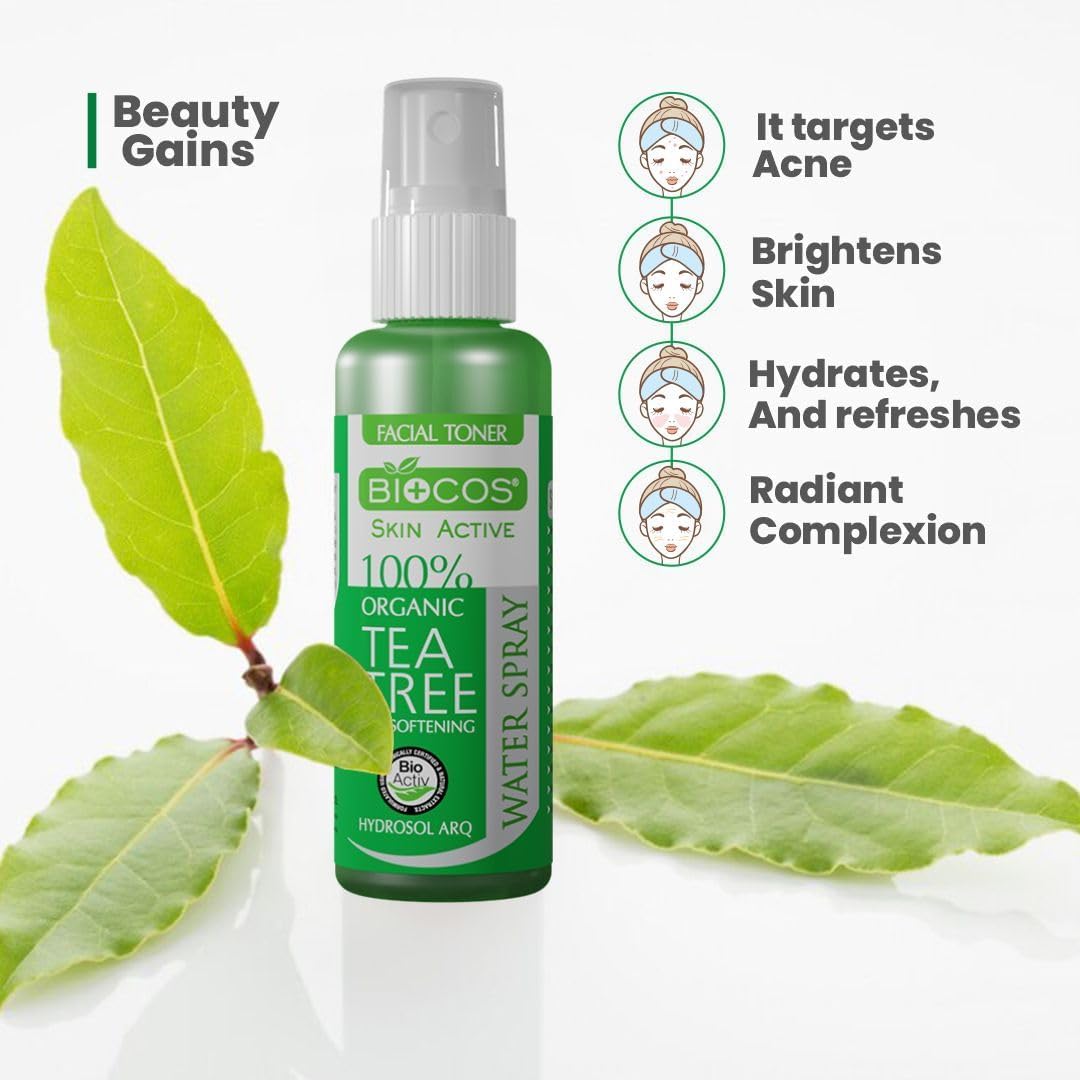 BIOCOS Tea Tree Water Facial Mist – Hydrating & Anti-Inflammatory Spray for Acne, Redness & Blemish Relief – With Grapefruit & Juniper berry – 120ml, (Pack of 3) (Pack of 3, Tea Tree)