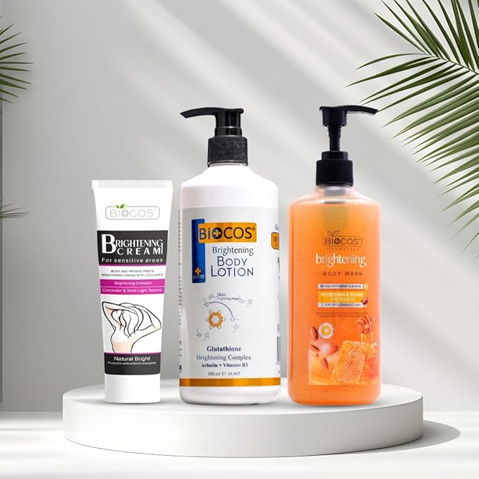 BIOCOS Full Body Care Ritual Set – Hydrating Lotion, Brightening Body Wash, and Intimate Area Cream for Radiant, Nourished Skin – Niacinamide, Arbutin, Glutathione, Glycerin, and Collagen