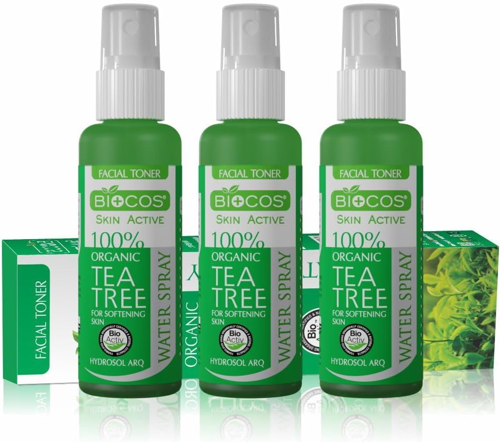 BIOCOS Tea Tree Water Facial Mist – Hydrating & Anti-Inflammatory Spray for Acne, Redness & Blemish Relief – With Grapefruit & Juniper berry – 120ml, (Pack of 3) (Pack of 3, Tea Tree)