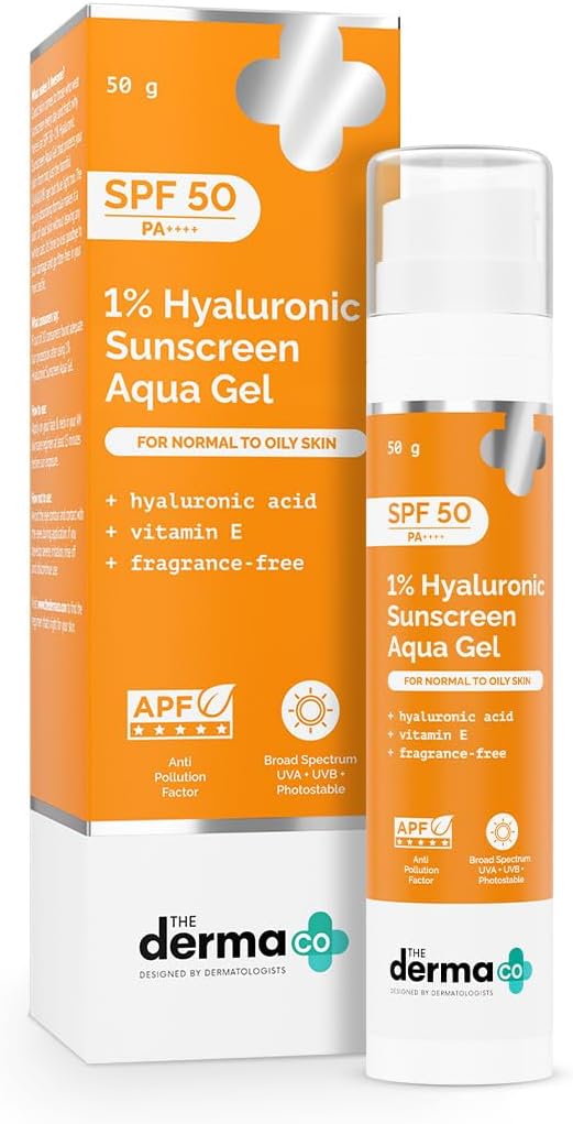 The Derma Co 1% Hyaluronic Sunscreen Aqua Ultra Light Gel with SPF 50 PA++++ For Broad Spectrum, UV A, UV B & Blue Light Protection - 50g