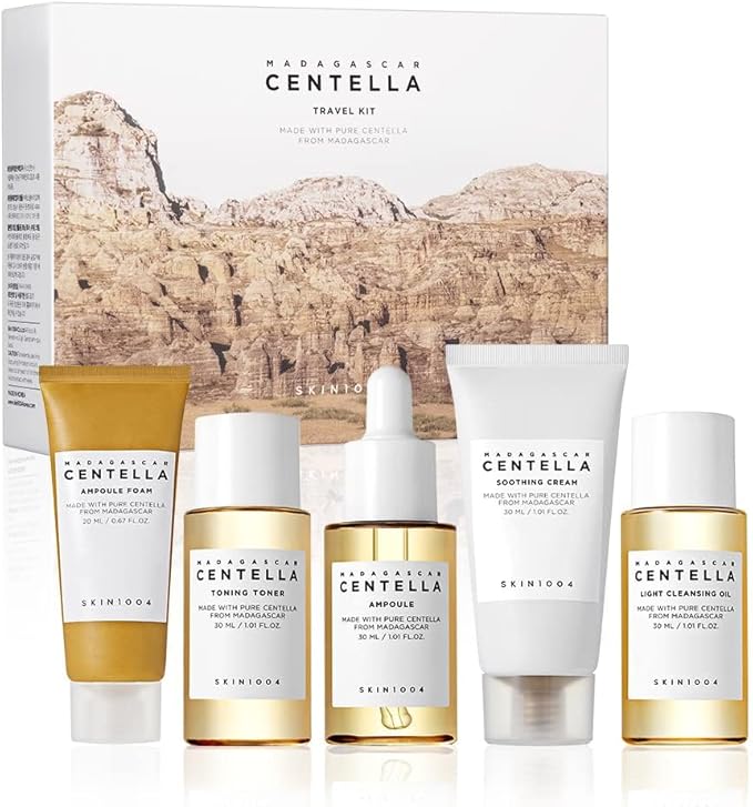 SKIN1004 Madagascar Centella Travel Kit, Toner, Ampoule, Soothing Cream, Cleansing Oil, Ampoule Foam, Basic Skincare Box, Compact Size, Soothing Calming