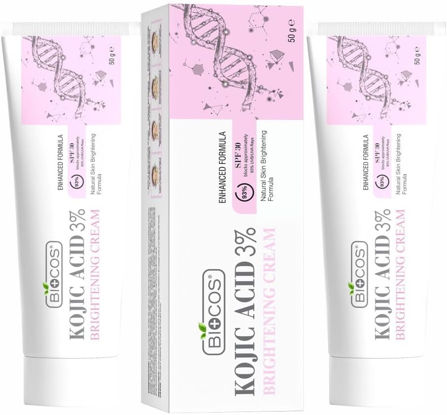 BIOCOS Kojic Acid Cream for Dark Spots & Hyperpigmentation – Skin Brightening & Acne Scar Removal with Glycolic Acid, Aloe Vera & Vitamin B5 – Face Cream for Even Tone