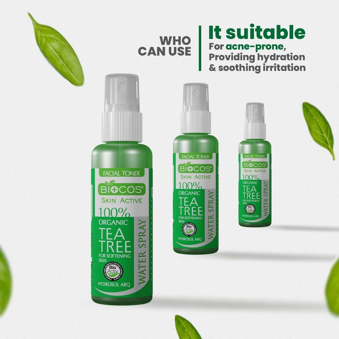 BIOCOS Tea Tree Water Facial Mist – Hydrating & Anti-Inflammatory Spray for Acne, Redness & Blemish Relief – With Grapefruit & Juniper berry – 120ml, (Pack of 3) (Pack of 3, Tea Tree)