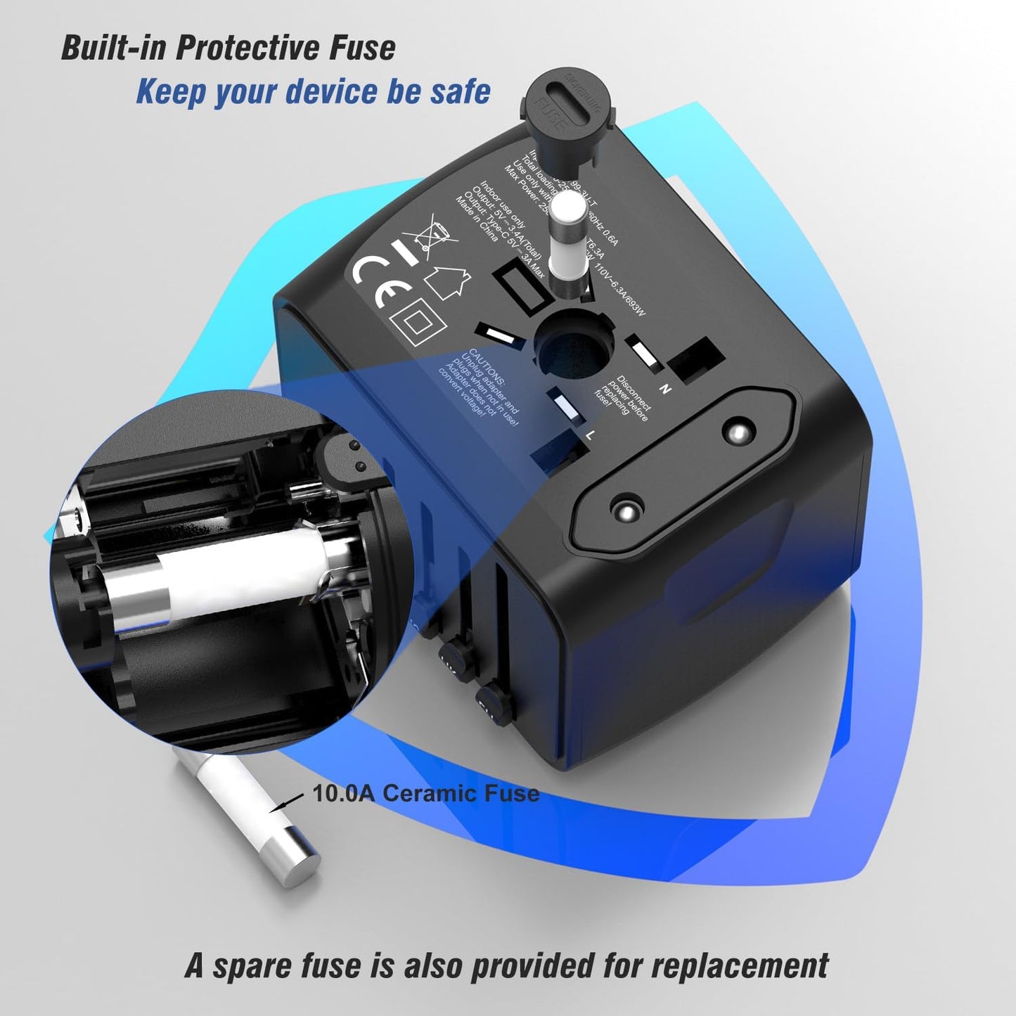 SAUNORCH Universal International Travel Power Adapter W/High Speed 2.4A USB-A, 3.0A USB-C Wall Charger, European Adapter, Worldwide AC Outlet Plugs Adapters for Europe, UK, US, AU, Asia-Black