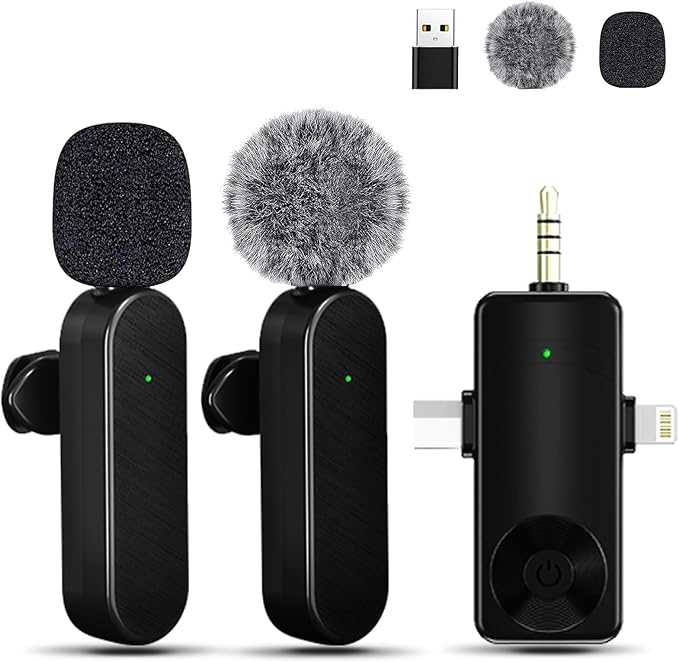 Gicorino Mini Microphone for iPhone Android Camera iPad USB-C, 4 in 1 Professional Wireless Lavalier Lapel Microphone for Recording, Live Stream, YouTube, Facebook, TikTok, Vlog (2 Pcs)