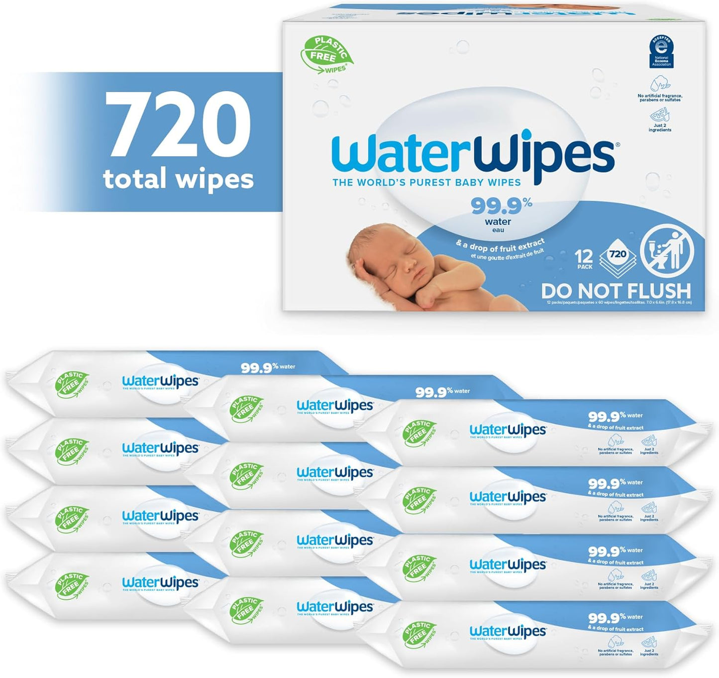 WaterWipes Original Biodegradable Baby Wipes, 99.9% Water Based Wet Wipes & Unscented for Sensitive Skin, 720 Count (12 packs)