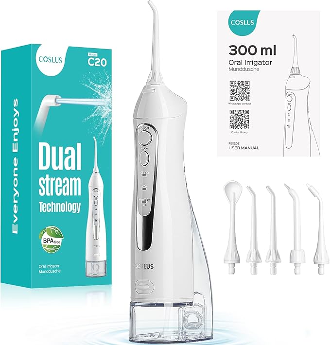COSLUS Professional Water Flosser For Teeth Braces Gums Care, Cordless Oral Irrigador, Deep Cleaning, Rechargeable, Waterproof, BPA-Free, Portable, Home and Travel, White C20