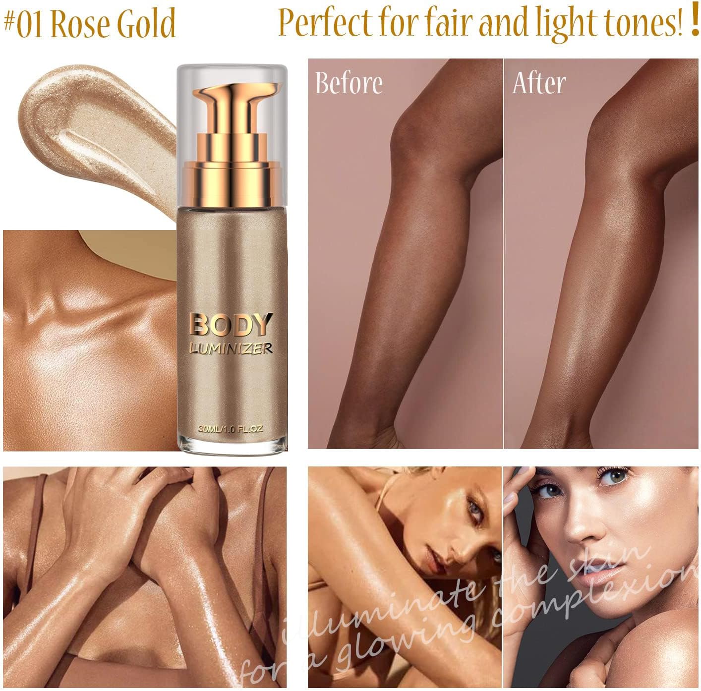 LBOYLOVE® Body Shimmer Lotion, Body Luminizer Highlighter, Long Lasting Waterproof Moisturizing, Body Luminizer Glow for Face and Body (#01 Rose Gold)