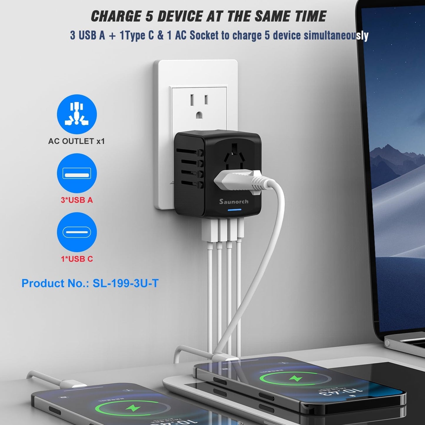 SAUNORCH Universal International Travel Power Adapter W/High Speed 2.4A USB-A, 3.0A USB-C Wall Charger, European Adapter, Worldwide AC Outlet Plugs Adapters for Europe, UK, US, AU, Asia-Black