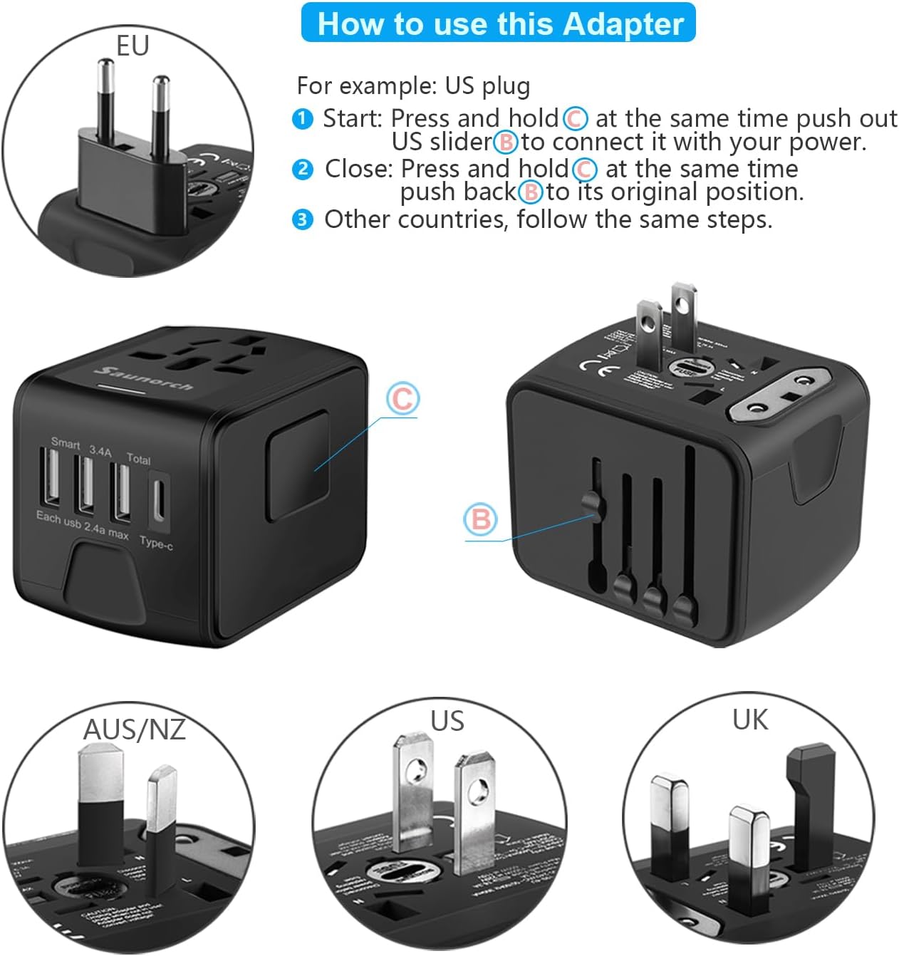 SAUNORCH Universal International Travel Power Adapter W/High Speed 2.4A USB-A, 3.0A USB-C Wall Charger, European Adapter, Worldwide AC Outlet Plugs Adapters for Europe, UK, US, AU, Asia-Black