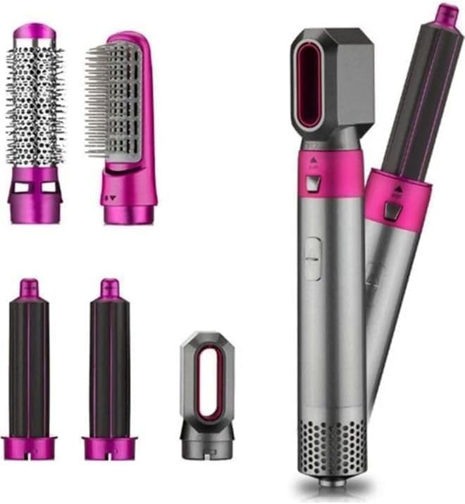 5-in-1 Volumizer Rotating Hair Dryer and Straightener with Comb and Curling Brush – Multi-Functional Hair Styling Tool for All Hair Types (Grey)