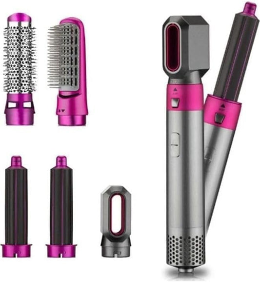 5-in-1 Volumizer Rotating Hair Dryer and Straightener with Comb and Curling Brush – Multi-Functional Hair Styling Tool for All Hair Types (Grey)