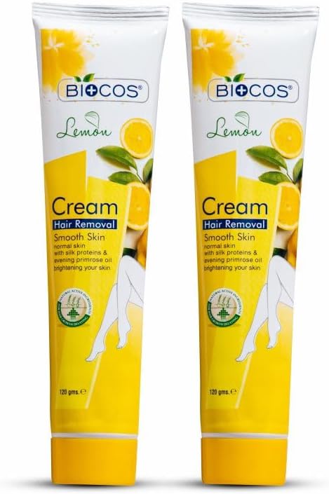 BIOCOS Lemon Hair Removal Cream with Vitamin E – Quick-Acting, Smooth & Hydrating Formula for Men & Women, Painless Depilatory Cream for Delicate & Sensitive Skin – 120ml, (Pack of 2)