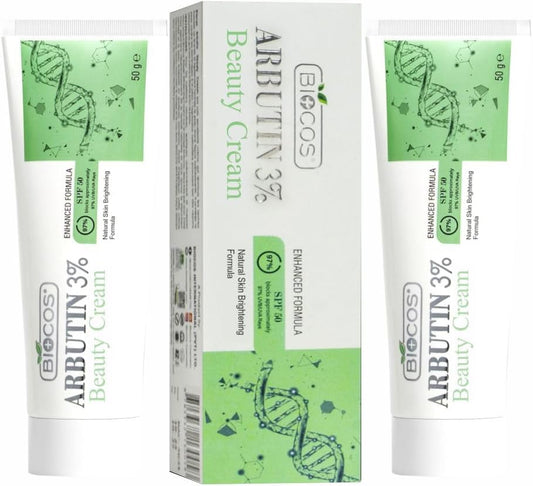 BIOCOS Arbutin 3% for Dark Spots & Sun Tanning – Face Cream with Glycolic & Kojic Acid for Blemishes and Dark Spots – Vitamin B5 & Licorice Extract, SPF 50 UV Protection