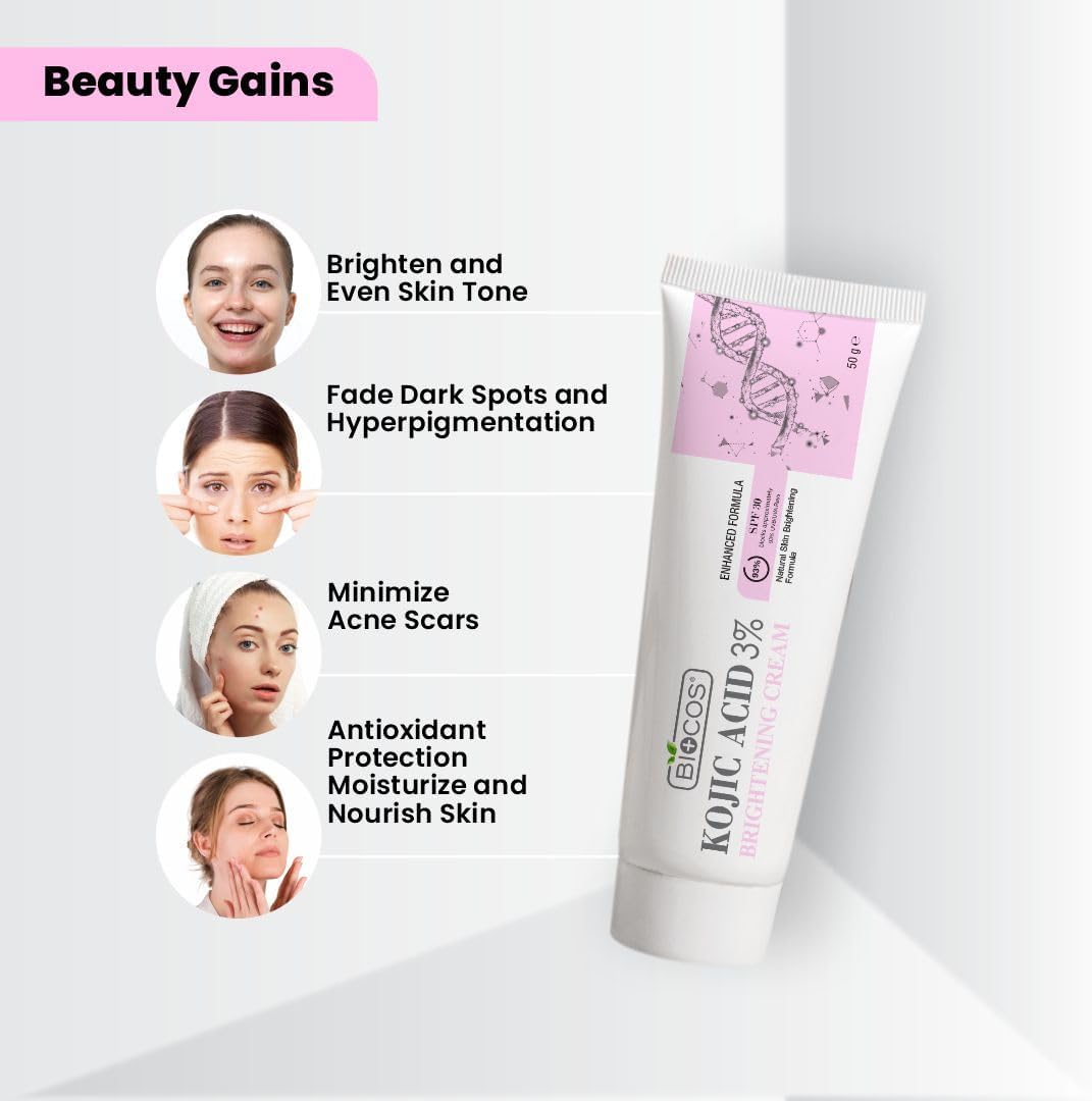 BIOCOS Kojic Acid Cream for Dark Spots & Hyperpigmentation – Skin Brightening & Acne Scar Removal with Glycolic Acid, Aloe Vera & Vitamin B5 – Face Cream for Even Tone