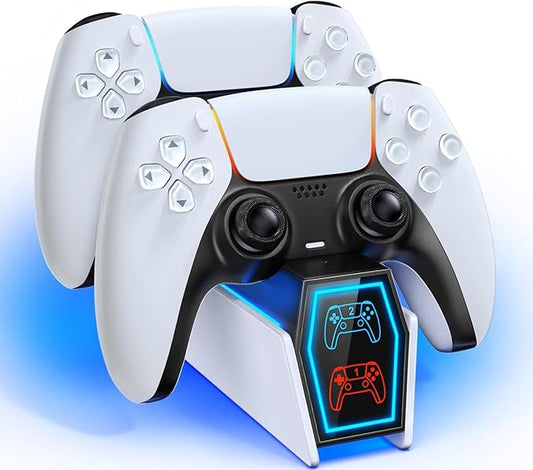 FALAMIAO PS5 Charging Station, 2H Fast Charge Dock for DualSense Controller, 2 Types of Cable, White, USB Type C, Minimalist Style, PS5 Controller Charger
