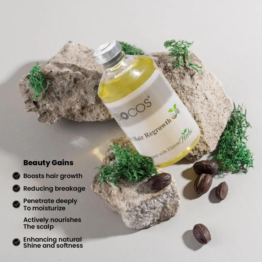 BIOCOS Herbal Hair Regrowth Oil – Thicker, Stronger Hair with Almond, Coconut & Black Seed Oils – 100ml (Pack of 2)