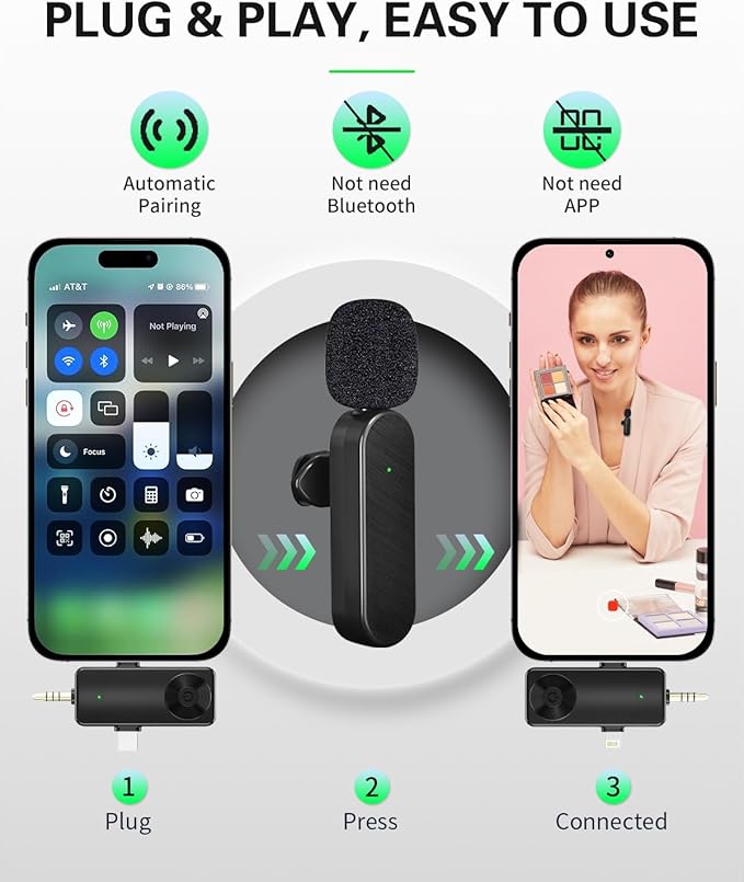 Gicorino Mini Microphone for iPhone Android Camera iPad USB-C, 4 in 1 Professional Wireless Lavalier Lapel Microphone for Recording, Live Stream, YouTube, Facebook, TikTok, Vlog (2 Pcs)