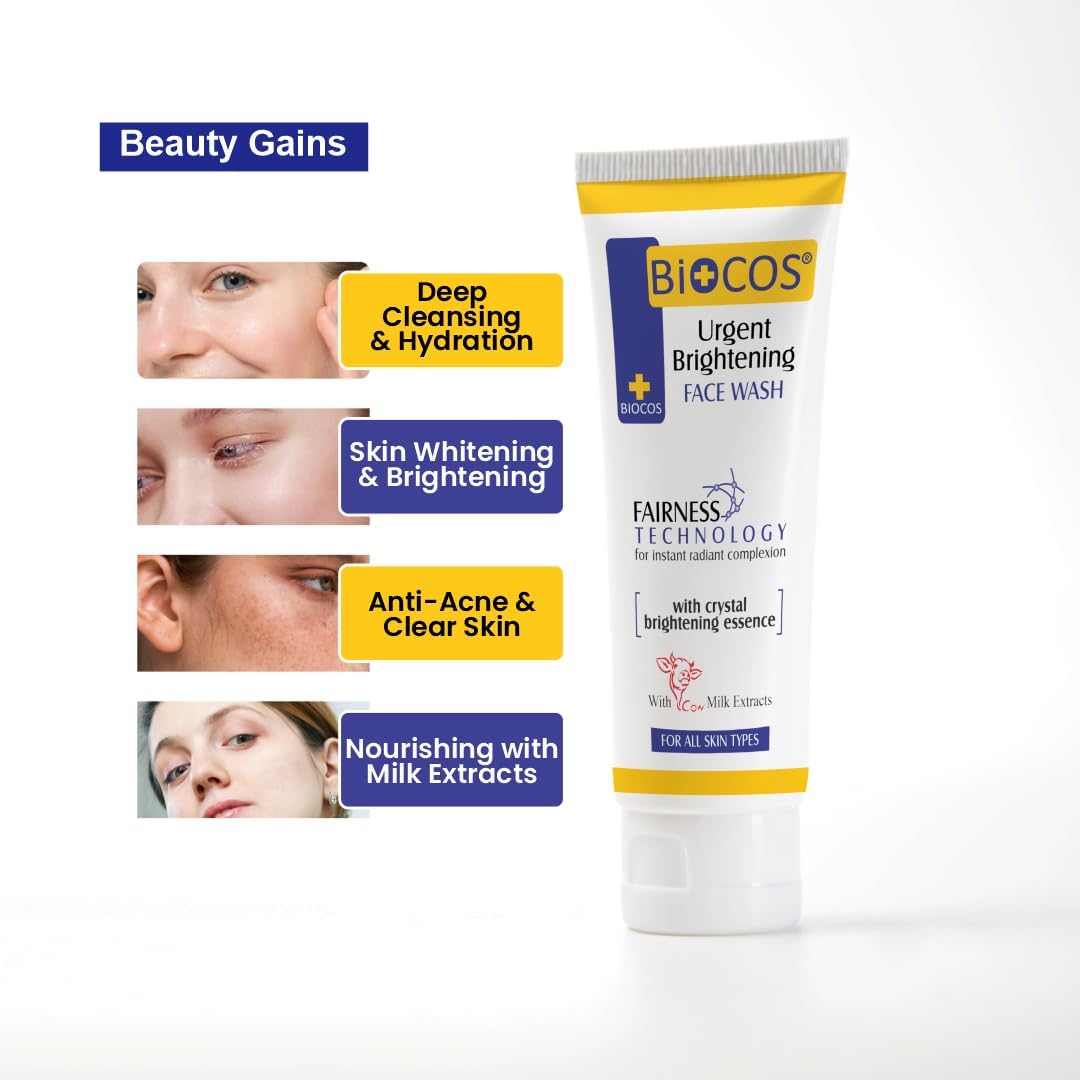 BIOCOS Whitening Face Wash with Milk Extracts & Vitamin E – Deep Cleansing & Hydrating for Radiant, Glowing Skin – Removes Dirt, Moisturizes & Brightens –70ml (Pack of 2)