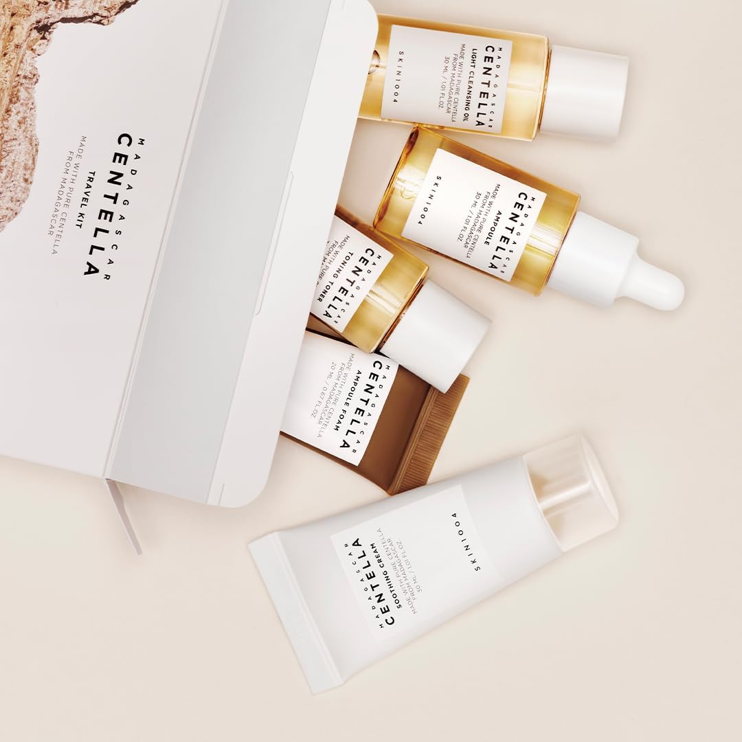 SKIN1004 Madagascar Centella Travel Kit, Toner, Ampoule, Soothing Cream, Cleansing Oil, Ampoule Foam, Basic Skincare Box, Compact Size, Soothing Calming