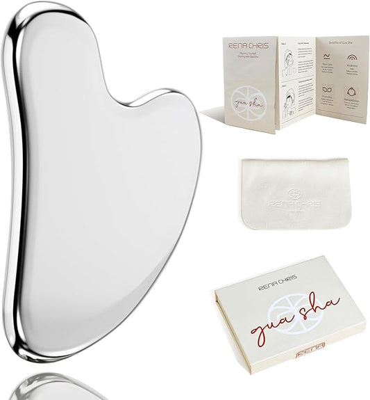 Rena Chris Gua Sha Facial Tools, Stainless Steel Guasha Tool for Acupuncture, Manual Massage Sticks for Jawline Sculpting and Puffiness Reducing, Gua Sha Scraping Massage Tool, Skin-Care Gift(Silver)