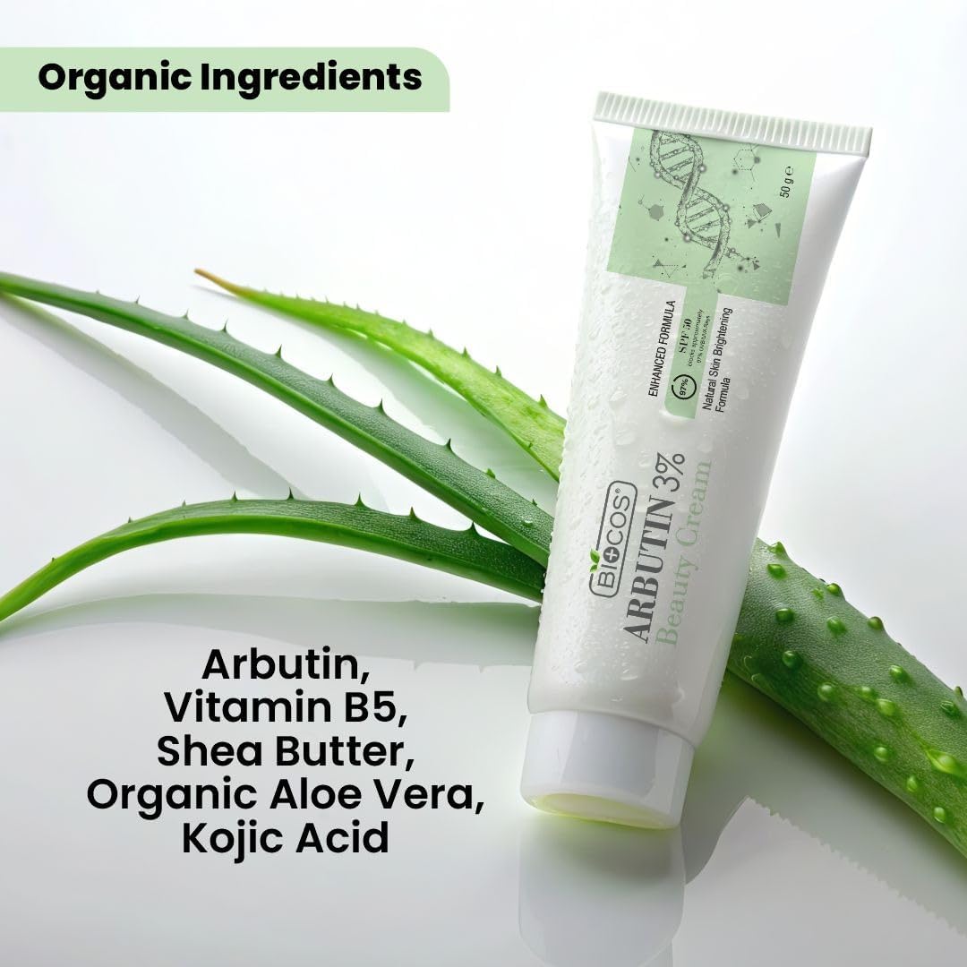 BIOCOS Arbutin 3% for Dark Spots & Sun Tanning – Face Cream with Glycolic & Kojic Acid for Blemishes and Dark Spots – Vitamin B5 & Licorice Extract, SPF 50 UV Protection