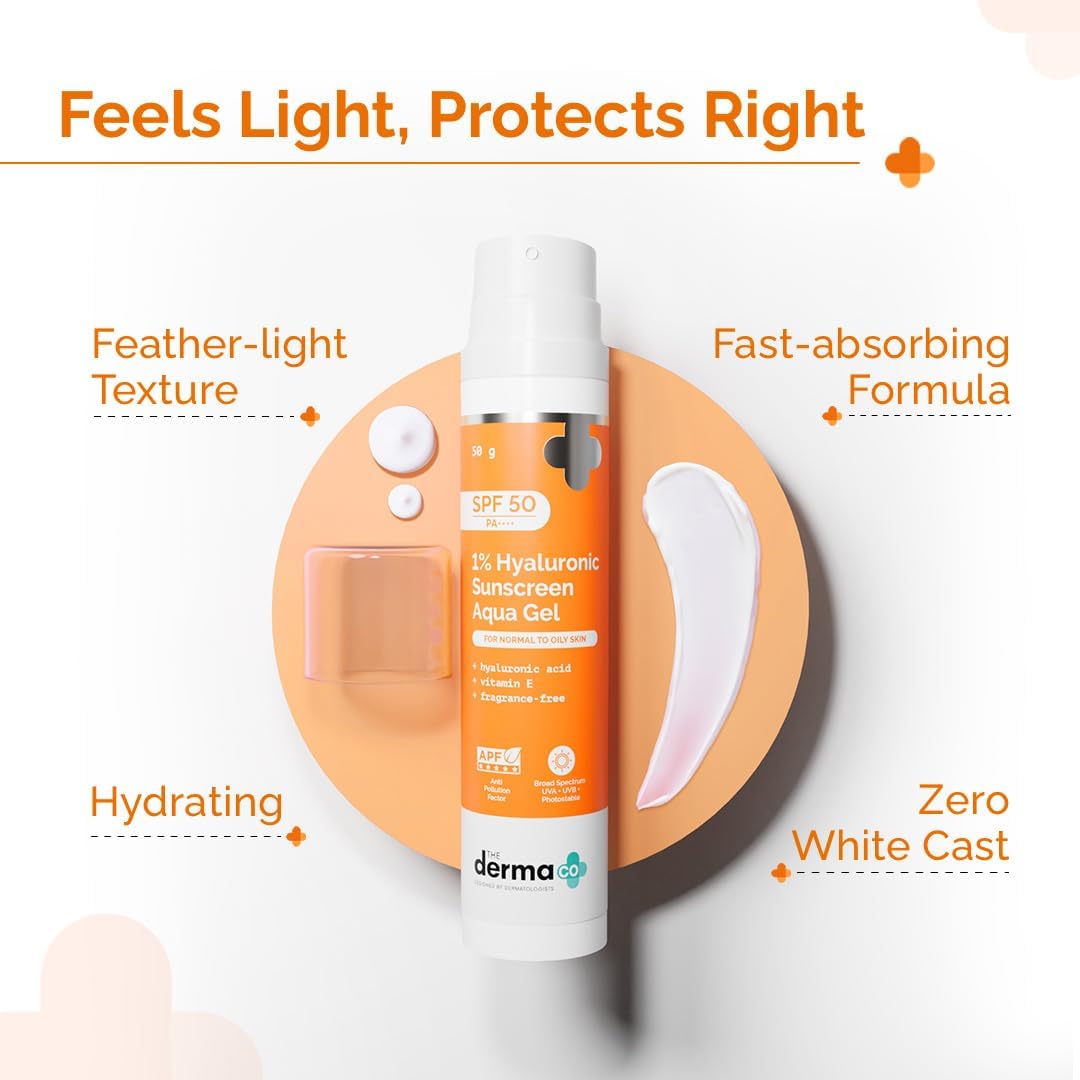 The Derma Co 1% Hyaluronic Sunscreen Aqua Ultra Light Gel SPF 50 PA++++ | Broad Spectrum UVA/UVB & Blue Light Protection | Anti-Pollution, Oil-Free, Fragrance-Free | For Oily Skin – 50g