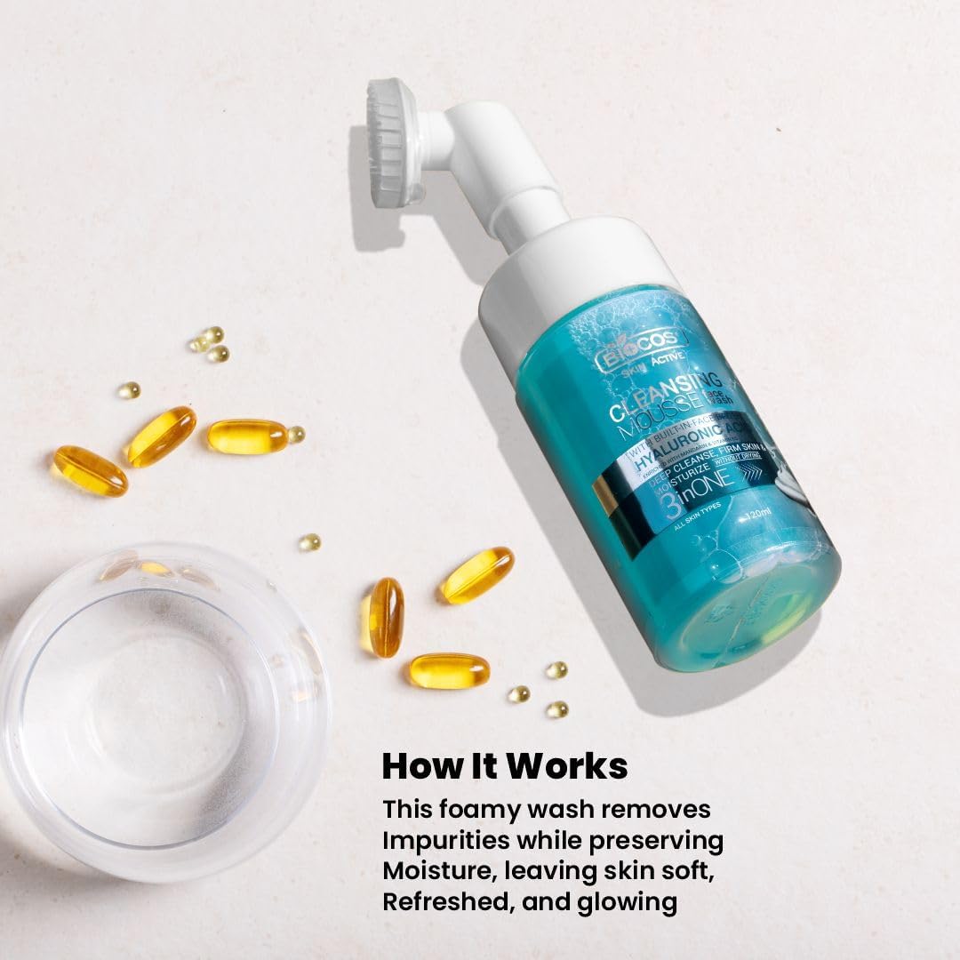 BIOCOS Hyaluronic Acid Face Wash Mousse - Hydrating Cleanser Vitamin E & Pro-Vitamin B5, Deep Pore Cleansing, Anti-Breakout, Non-Drying, For All Skin Types
