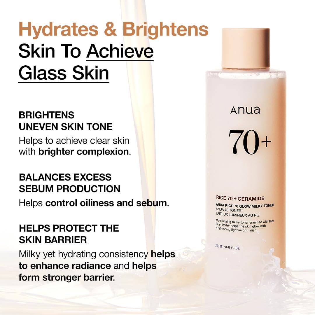 ANUA Rice 70 Glow Milky Toner, for Glass Skin, Rice Water, Niacinamide, Ceramides, Panthenol, Non comedogenic, Fungal Acne Safe, Korean Skin Care, 250ml/8.45fl.oz.