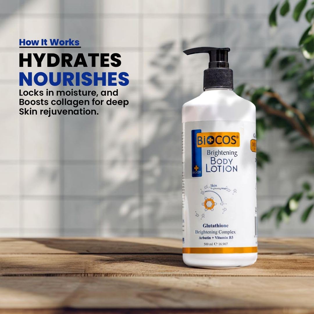 BIOCOS Body Lotion – Hydrates & Moisturizes, Boosts Collagen, Repairs Dry Skin, with Niacinamide, Arbutin & Glutathione for Radiant Skin Tone – 500ml (Pack of 2)