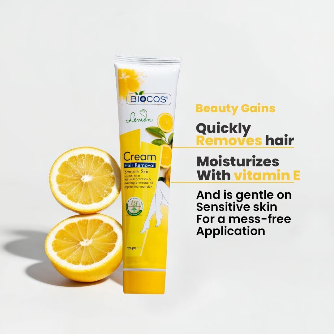 BIOCOS Lemon Hair Removal Cream with Vitamin E – Quick-Acting, Smooth & Hydrating Formula for Men & Women, Painless Depilatory Cream for Delicate & Sensitive Skin – 120ml, (Pack of 2)