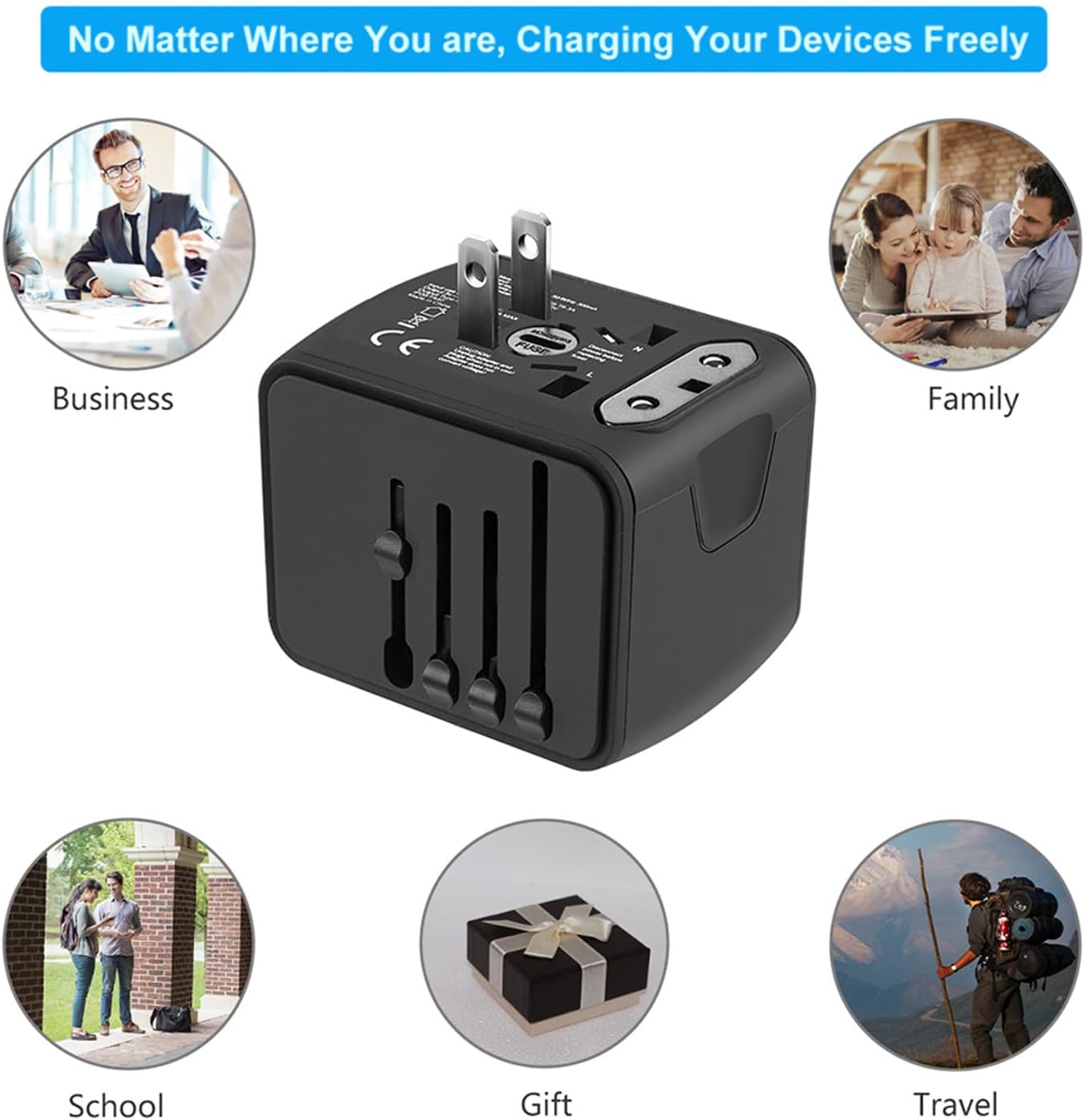 SAUNORCH Universal International Travel Power Adapter W/High Speed 2.4A USB-A, 3.0A USB-C Wall Charger, European Adapter, Worldwide AC Outlet Plugs Adapters for Europe, UK, US, AU, Asia-Black