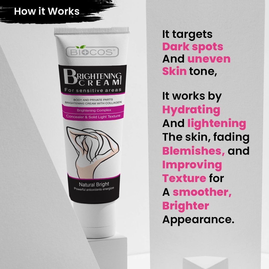 BIOCOS Brightening Cream for Sensitive Areas – Intimate Area Lightening & Hydrating with Collagen, Glycerin & Nano-Titanium Dioxide – Fades Dark Spots & Nourishes Delicate Skin - 50g (Pack of 2)