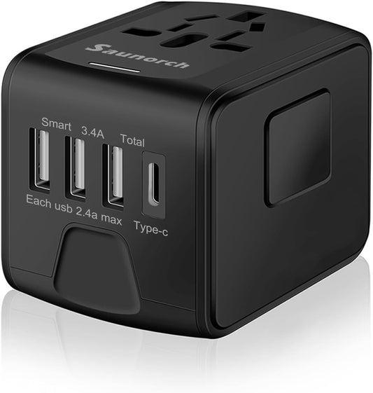 SAUNORCH Universal International Travel Power Adapter W/High Speed 2.4A USB-A, 3.0A USB-C Wall Charger, European Adapter, Worldwide AC Outlet Plugs Adapters for Europe, UK, US, AU, Asia-Black