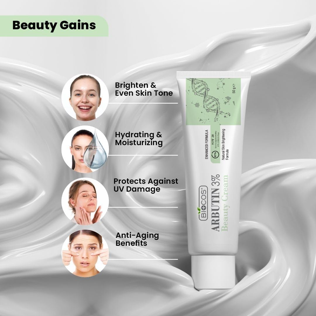 BIOCOS Arbutin 3% for Dark Spots & Sun Tanning – Face Cream with Glycolic & Kojic Acid for Blemishes and Dark Spots – Vitamin B5 & Licorice Extract, SPF 50 UV Protection