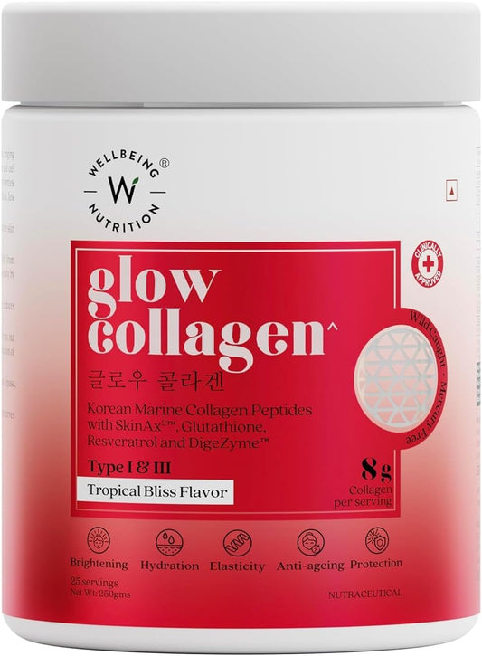 WELLBEING NUTRITION Glow Japanese Marine Collagen Peptides with Skin, Glutathione, Resveratrol, Bromelain & Goji Berry| Tropical Bliss Flavor - 250 g