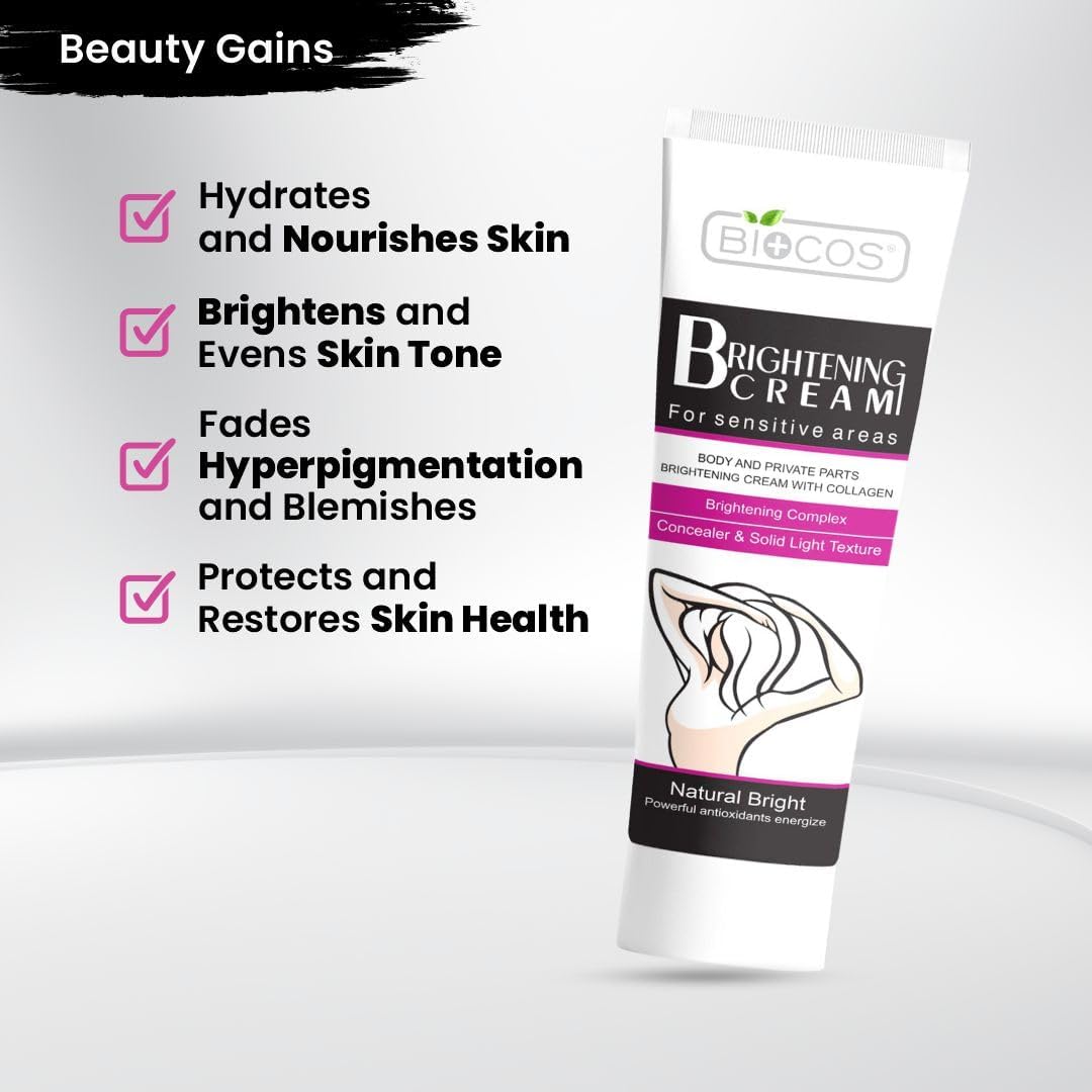 BIOCOS Brightening Cream for Sensitive Areas – Intimate Area Lightening & Hydrating with Collagen, Glycerin & Nano-Titanium Dioxide – Fades Dark Spots & Nourishes Delicate Skin - 50g (Pack of 2)