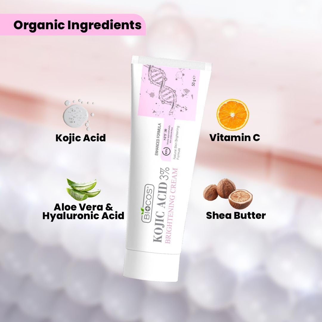 BIOCOS Kojic Acid Cream for Dark Spots & Hyperpigmentation – Skin Brightening & Acne Scar Removal with Glycolic Acid, Aloe Vera & Vitamin B5 – Face Cream for Even Tone
