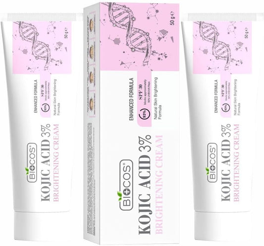 BIOCOS Kojic Acid Cream for Dark Spots & Hyperpigmentation – Skin Brightening & Acne Scar Removal with Glycolic Acid, Aloe Vera & Vitamin B5 – Face Cream for Even Tone
