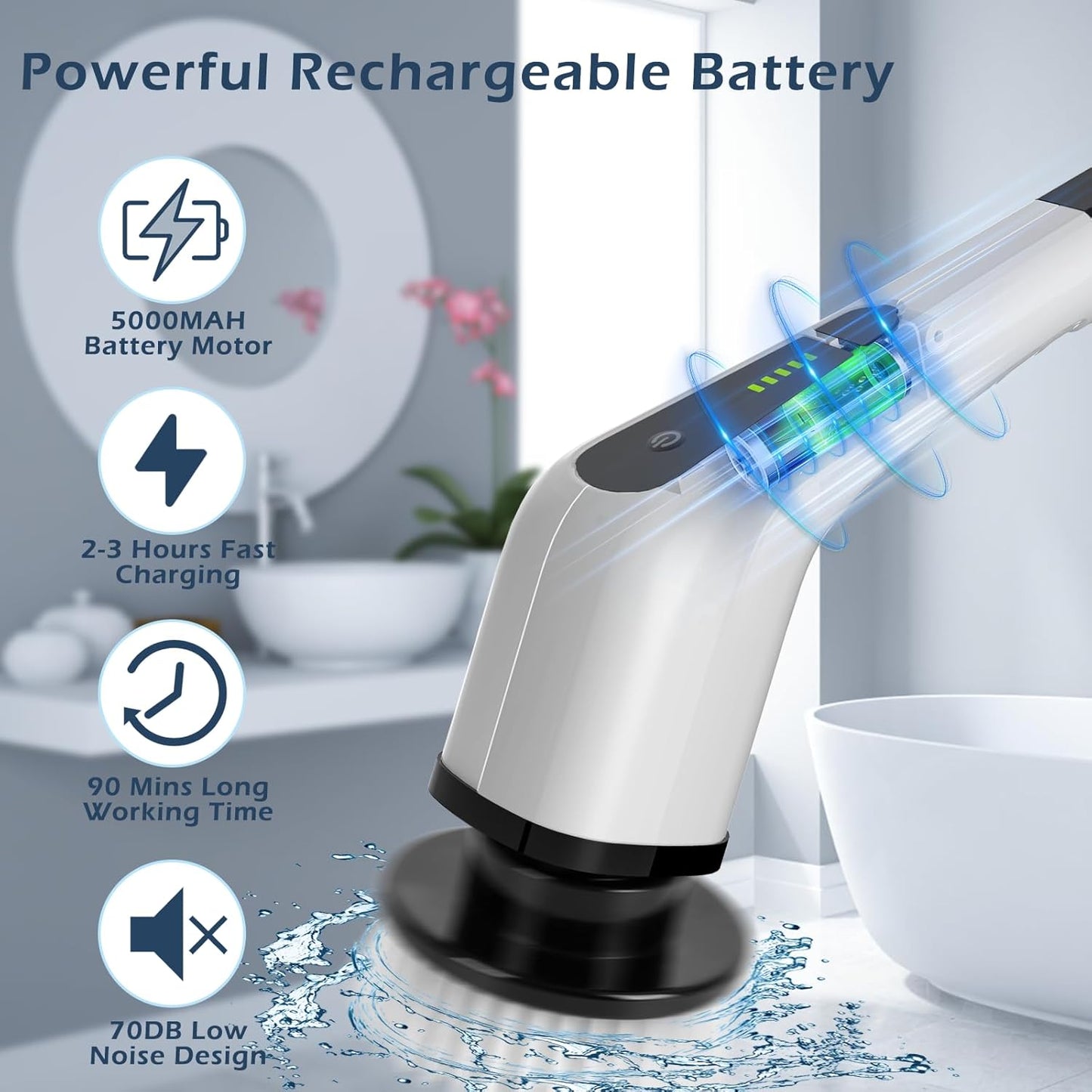 Bomves Cordless Electric Spin Scrubber, Electric Cleaning Brush with 8 Replacement Brush Heads, 90Mins Working Time, 3 Adjustable Handle, 2 Adjustable Speeds for Bathroom Kitchen Bathtub Glass Car