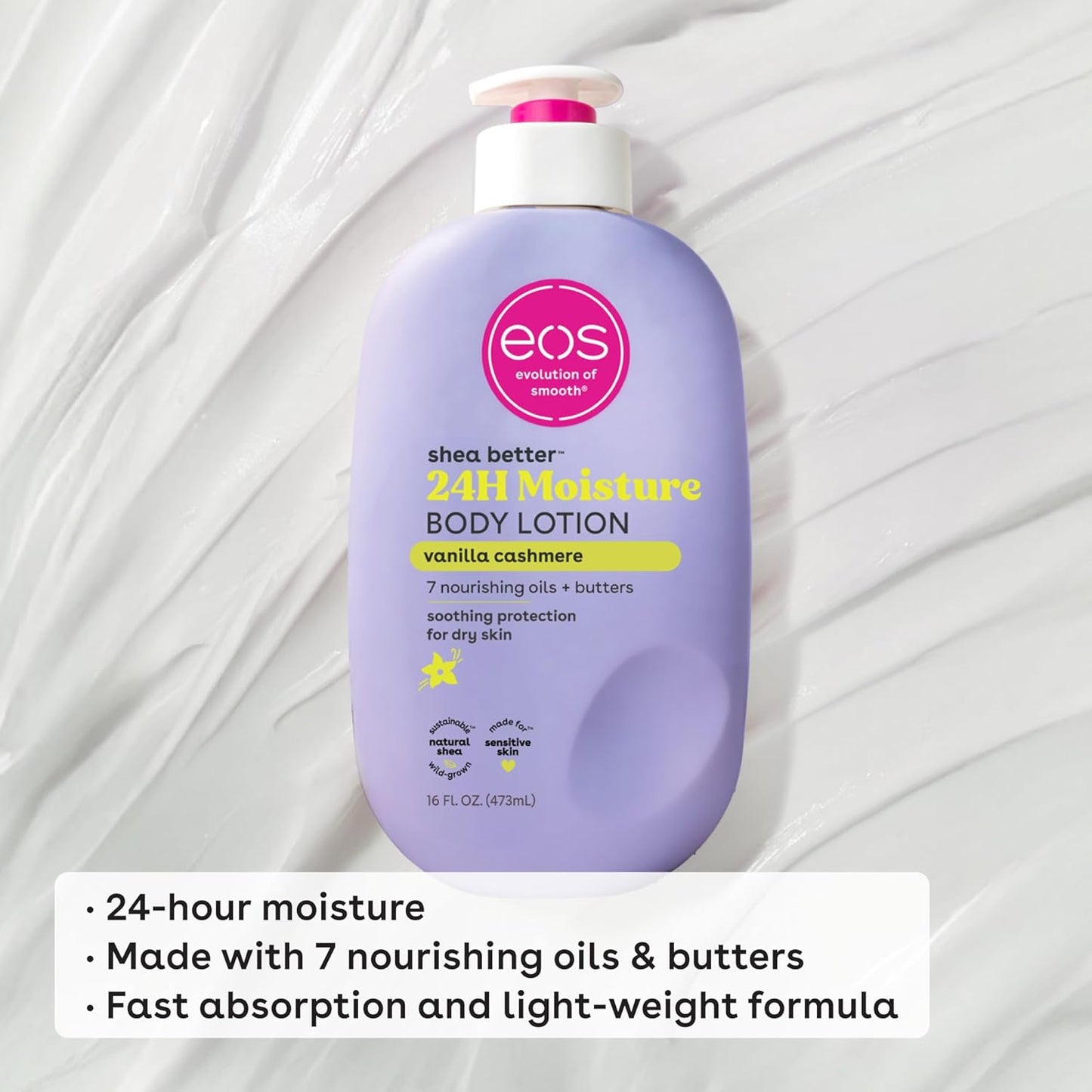 eos Shea Better Body Lotion- Vanilla Cashmere, 24-Hour Moisture Skin Care, Lightweight & Non-Greasy, Made with Natural Shea, Vegan, 16 fl oz
