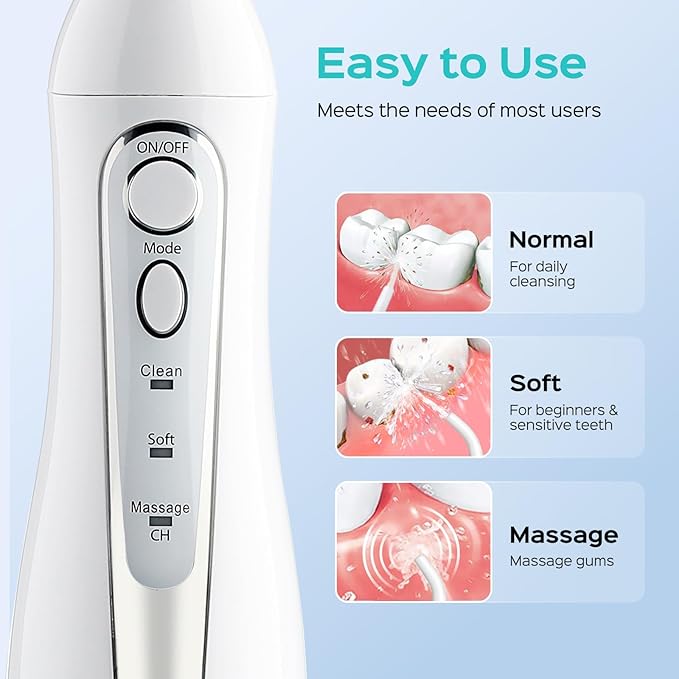 COSLUS Professional Water Flosser For Teeth Braces Gums Care, Cordless Oral Irrigador, Deep Cleaning, Rechargeable, Waterproof, BPA-Free, Portable, Home and Travel, White C20